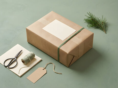 Sustainable gift wrapping with brown kraft paper, rustic holiday parcel on green background, minimalist DIY gift box with scissors and twine