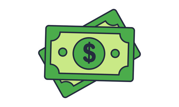 A flat vector illustration of two overlapping green paper banknotes with a dollar sign symbol in the center, representing money, finance, and wealth isolated on transparent background