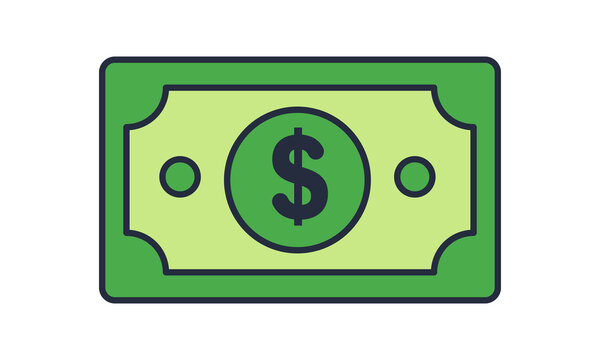 A flat vector illustration of a green paper banknote with a dollar sign symbol in the center, representing money, currency, and financial concepts isolated on transparent background