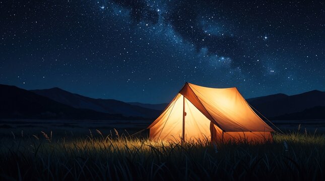 Glowing orange tent stands in grassy field under starry night sky. Milky Way galaxy shines above dark mountains. Peaceful camping trip in wilderness during summer night. Solo adventure traveler stays