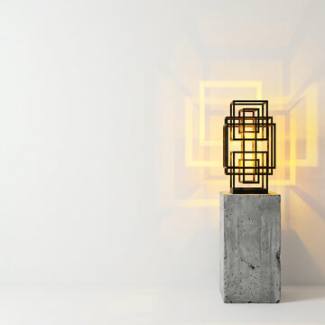 Minimalist 3D black metallic cube table lamp luminaire device standing concrete block pedestal base stand soft warm geometric yellow neon lighting frame white background backdrop interior design