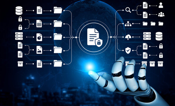 A futuristic robot hand interacts with digital representations of data and security management, symbolizing advanced technology and innovative systems in a dynamic environment. Nascent