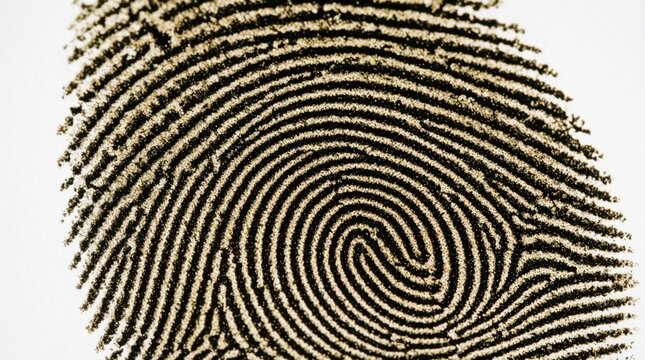 Extreme close up of human fingerprint pattern on white background. Detailed black ink ridges show unique skin texture, spiral shape. Macro view for forensic science, criminal investigation, biometric