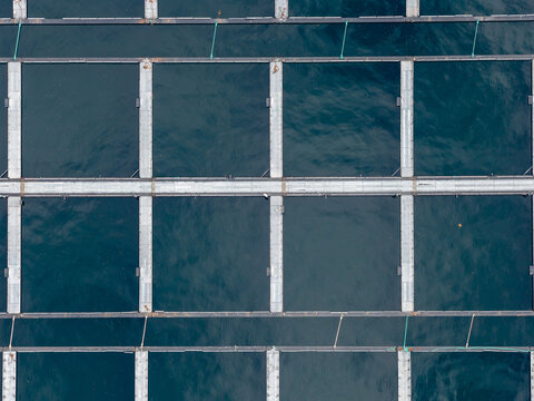 Aerial view of fish farm grid structures floating on the deep blue water of a fjord in Fjord, More og Romsdal, Norway.