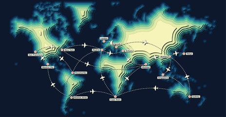 Topographic world map with flight routes vector illustration showing layered contour terrain style and glowing route paths, adventure infographic template for travel and logistics presentations   © Ibrahim