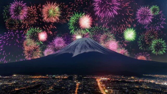 Vibrant Fireworks Over Mount Fuji Night Cityscape 4K Generative AI