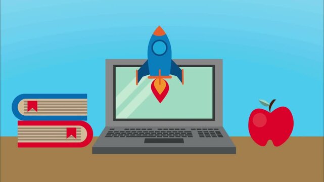 Flat design vector animation of an educational concept with a laptop launching a rocket, books, and an apple