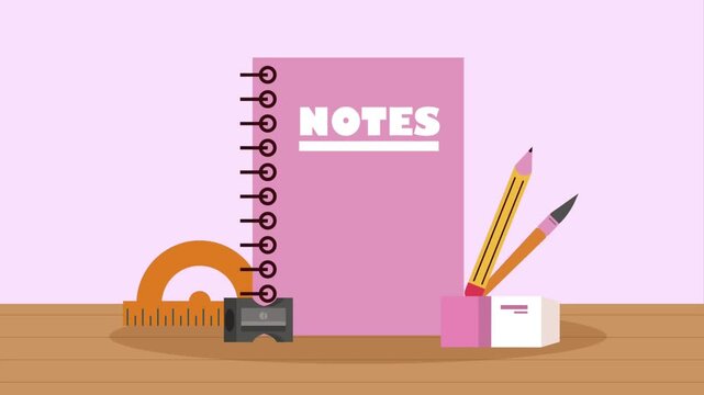 Flat design vector animation of school supplies featuring a pink notebook, pencils, ruler, sharpener, and eraser on a wooden desk
