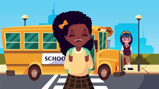 Flat design vector animation of a happy schoolgirl smiling in front of a yellow school bus and city background