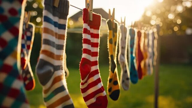 Colorful socks hang on clothespins in warm sunset light, swaying gently on outdoor line. Sunny backyard drying creates cozy summer mood with soft bokeh and vivid stripes. Fabric hangs freely.