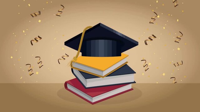 Flat design vector animation of a graduation cap resting on a stack of books with confetti and glowing particles on a golden background
