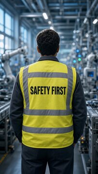 Worker in a Yellow High-Visibility Safety Vest with SAFETY FIRST on the Back Standing in a Modern Automated Factory Hall, Industry 4.0 Concept