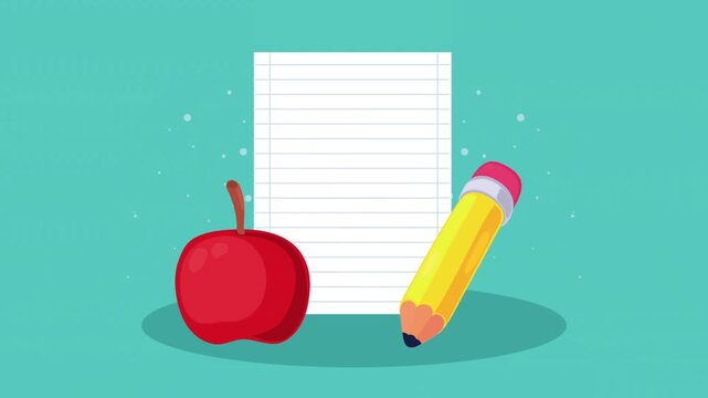 School Supplies Illustration with Red Apple Lined Paper and Yellow Pencil on Teal Background