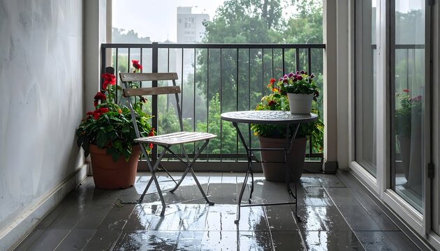 Balc&oacute;n mojado por la lluvia con mesa, silla y plantas en macetas