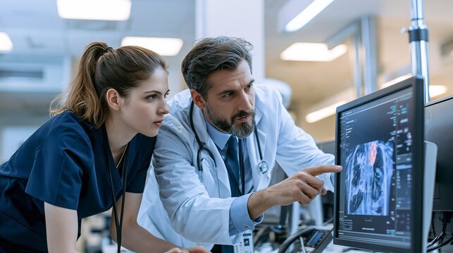 Doctor and nurse reviewing lung scan on monitor in hospital