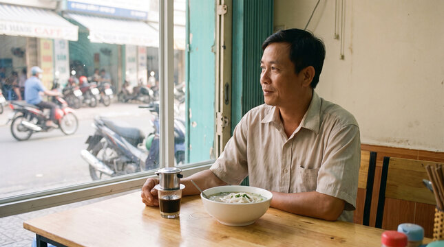 local man enjoying traditional breakfast by street-facing window in Asian noodle shop