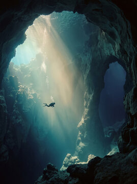 majestic underwater cave diving scene with dramatic light shafts and rock formations