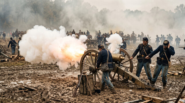 photorealistic civil war cannon firing on muddy battlefield with soldiers