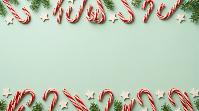 Christmas candy cane border with fir branches and stars on light