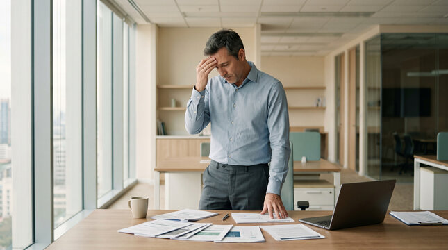 stressed businessman reviewing paperwork at wooden desk with laptop near window