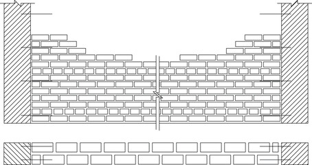 Technical CAD section detail of a brick masonry wall with stepped corbelling, flanked by hatched structural elements, and a base course with alternating bond pattern. © Riki