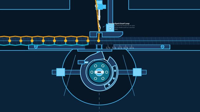 Educational animation detailing the intricate mechanics of a lockstitch sewing machine, featuring the needle eye, rotary hook beak, stationary bobbin spool, and take-up tension lever