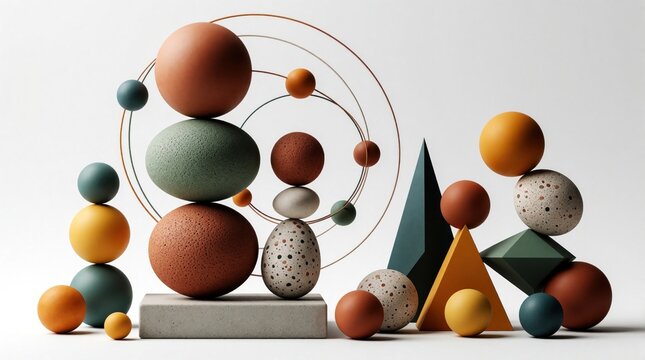 Abstract 3D composition features textured spheres, geometric shapes. Earthy colored balls, pyramids stack on white surface. Thin lines form cosmic orbits around organic objects. Minimalist art piece