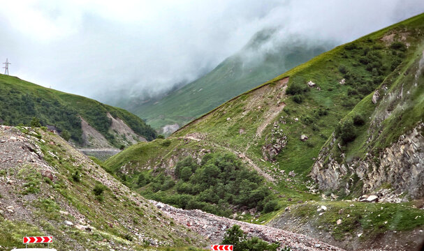 Mountain landscape. Georgia. The Georgian Military Road, passing through the village of Verkhny Lars.