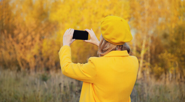Woman taking pictures of yellow leaves on phone in autumn park