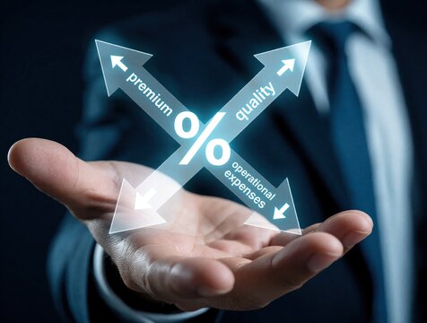 Businessman holds glowing holographic interface with arrows, percent sign. Digital graphic shows premium quality growth, operational expenses reduction. Financial optimization concept with futuristic