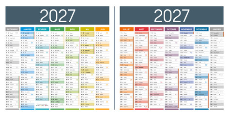 Obraz na płótnie Canvas Calendrier Français 2027 modifiable vectoriel, grand format France, textes en Arial, éditables et vectorisés. Modèle personnalisable pour bureau.