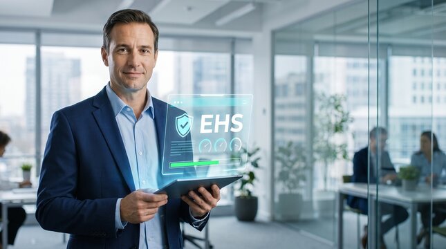  American Safety Manager with a Tablet and an EHS Hologram in a Modern Glass Office