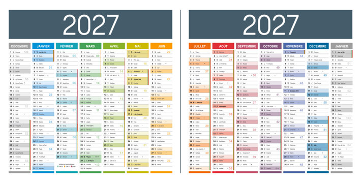Calendrier Fran&ccedil;ais 2027 modifiable vectoriel, grand format France, textes en Arial, &eacute;ditables et vectoris&eacute;s. Mod&egrave;le personnalisable pour bureau.