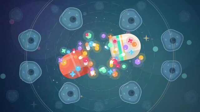 Abstract illustration of a medical capsule releasing colorful particles inside a biological cell environment.