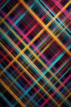 Abstract background with colorful geometric lines. Vibrant diagonal stripes of pink, blue, yellow, orange cross on dark surface. Creative digital pattern features many thin parallel textures. Modern