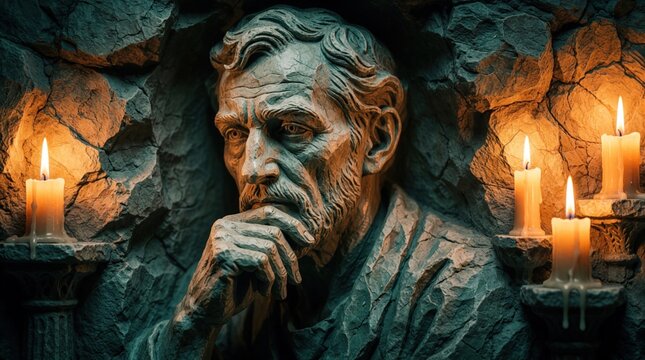 Sculpted stone portrait of contemplative bearded man. Rough textured male statue rests in dark cave with burning candles. Warm orange light glows on carved face, hand. Serious thinker memorial