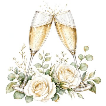 Champagne Flutes Clinking with Golden Bubbles and White Roses