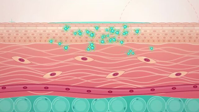 Medical illustration showing a cross section of human skin layers with active ingredients.