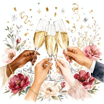 Four Hands Raising Champagne Flutes In Watercolor Toast