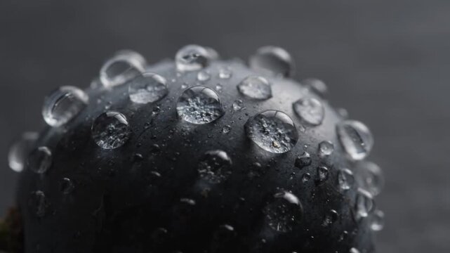 Macro shot of dark grape surface with microscopic water droplets pulsating in surface tension equilibrium on matte waxy skin in seamless loop.