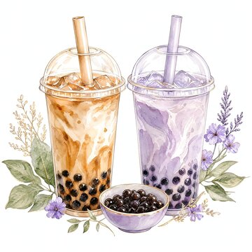 Two Bubble Teas Side by Side with a Bowl of Tapioca Pearls