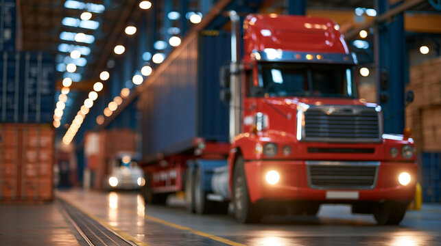 Loaded shipping container truck parked inside a warehouse, with copy space