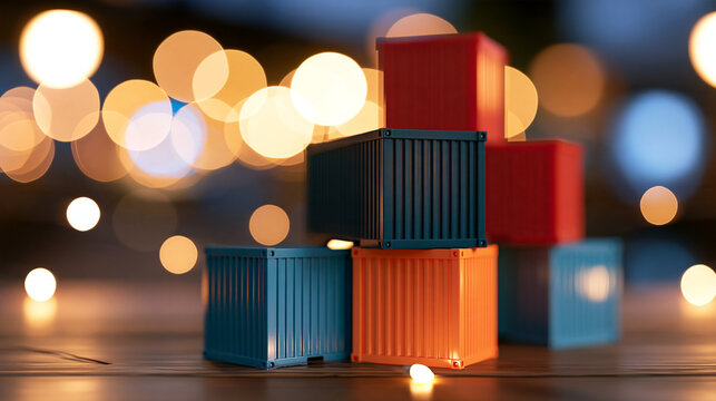 Stack of colorful shipping containers on a wooden surface with a bokeh background, with copy space