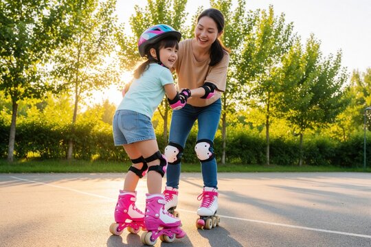 Happy Asian mother, young daughter roller skating together outdoors. Little girl wears helmet, knee pads smiling. Parent helps child balance on quad skates in sunny park. Family enjoys active leisure