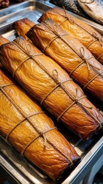 Hot smoked chum salmon belly on metal tray at fish market. Golden fish fillets tied with twine for sale. Fresh seafood deli display with gourmet smoked salmon pieces. High protein food ready for