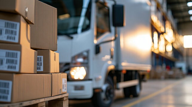 Delivery truck loading pallets in a warehouse, supply chain logistics and distribution industry concept, with copy space