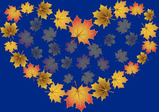 Autumn heart shape pattern with maple leaves on a dark blue background