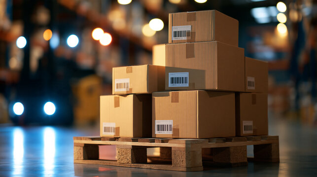 Stacked cardboard boxes on a pallet ready for shipping in a warehouse, logistics and distribution, with copy space
