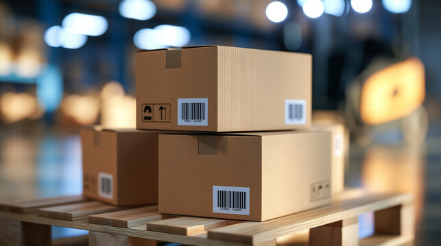 Stacked cardboard boxes on a pallet ready for shipping in a warehouse, logistics and distribution, with copy space