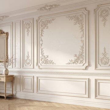 Classic French boiserie wall moulding background, luxury neoclassical interior wall paneling, white ornate molding wainscoting wall